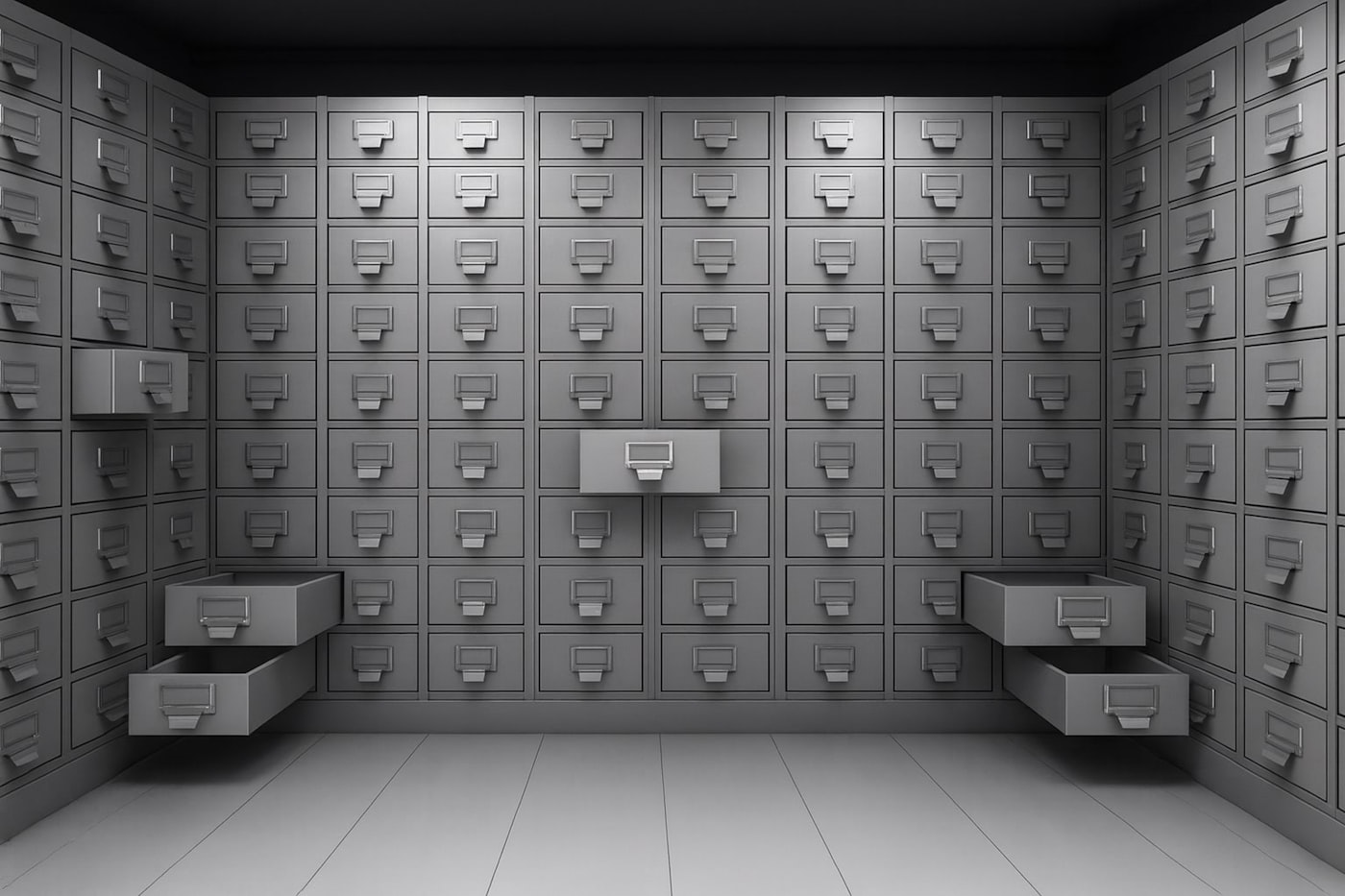 A room filled with long rows of identical filing cabinets, a metaphor for a document corpus that is perfectly ordered and still cannot be asked a question